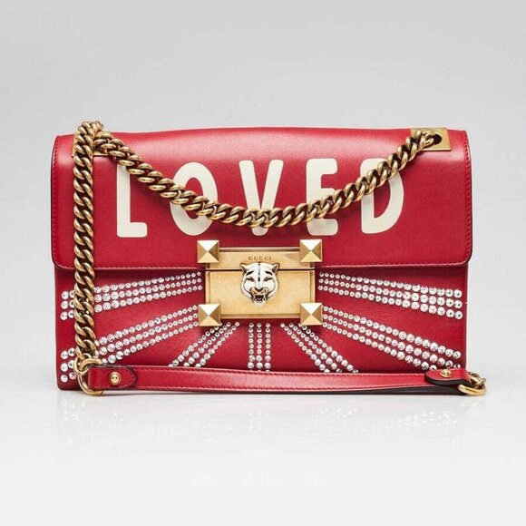 Gucci Red Leather Crystal Embellished LOVED Flap Osiride Bag - Picture 1 of 12